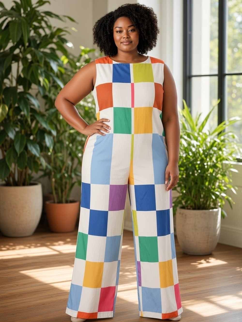 Sleeveless Multicolor Check Wide-Leg Jumpsuit